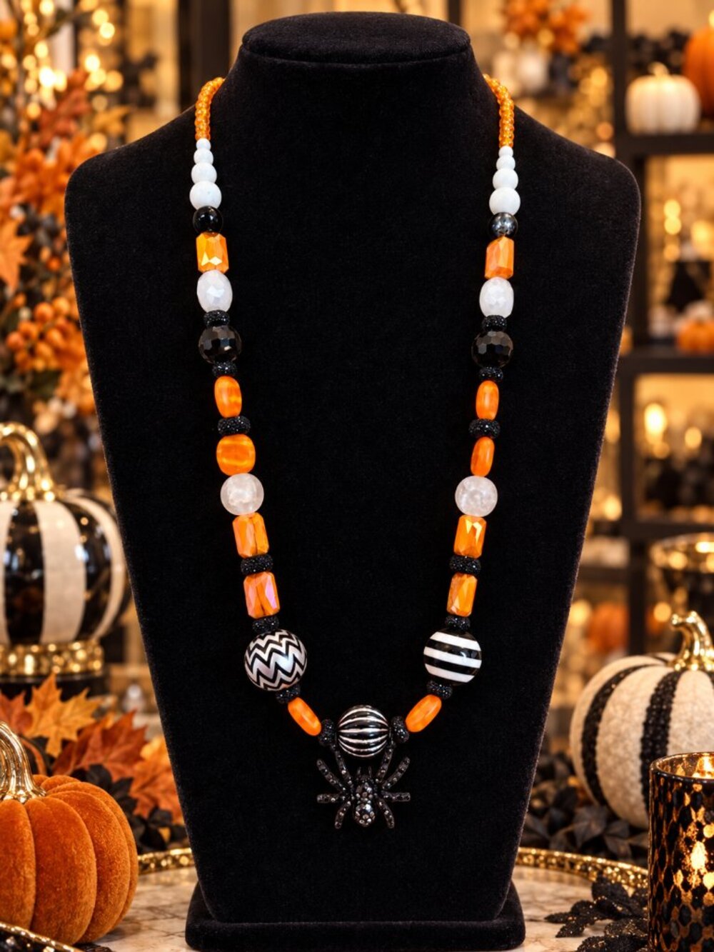 Halloween Spider Statement Necklace, Orange Black & White Beaded Necklace, Spook